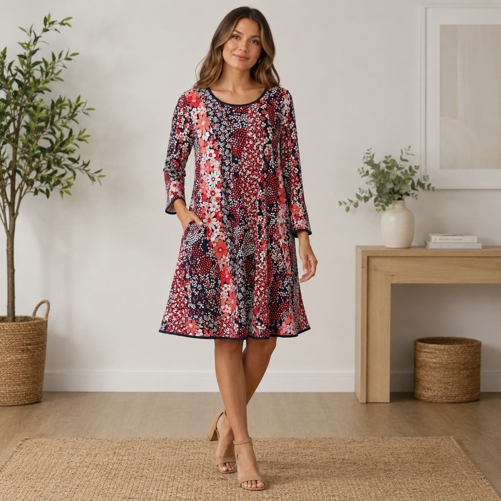 Michael Kors Floral Swing Dress Boho Cottagecore Modest Pink Navy Plus 2X